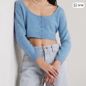 Reformation Nathalia Embellished cropped scoop neck wool blue cardigan sweater